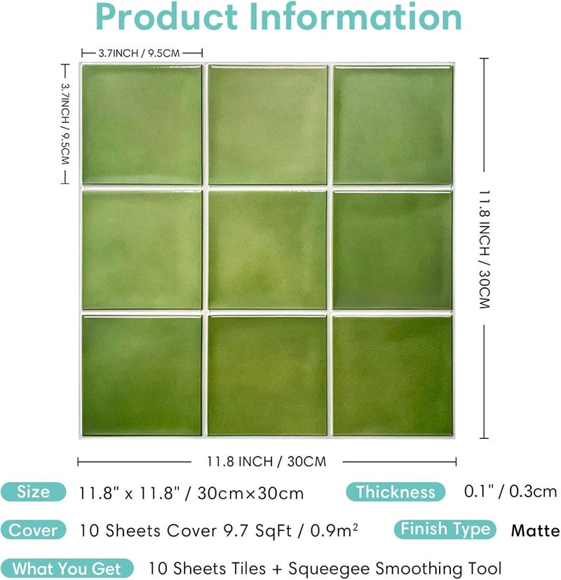Commomy 10 Pcs Matte 3D Peel and Stick Tile 11.8"x11.8" Ultralight PVC Square Peel and Stick Backsplash for Kitchen Stick on Tiles for Bathroom,Living Room,Fireplace,Interior Wall Decor,Green - Image 5